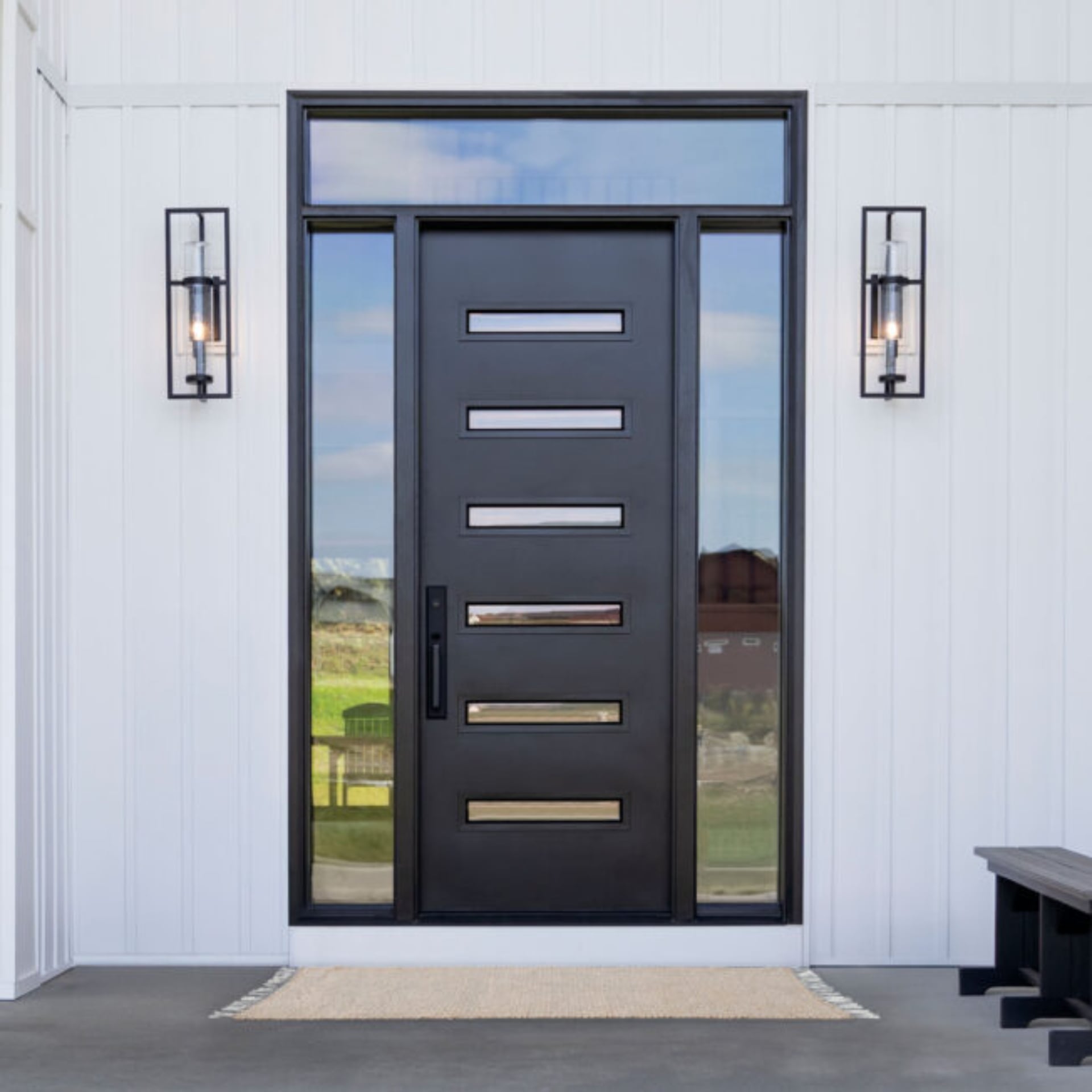 11 Mid-Century Modern Front Door Styles to Consider for Your Home 1 8 Foot 116 Style Legacy Smooth Coal Black 2 Sidelites Transom 652x652 1