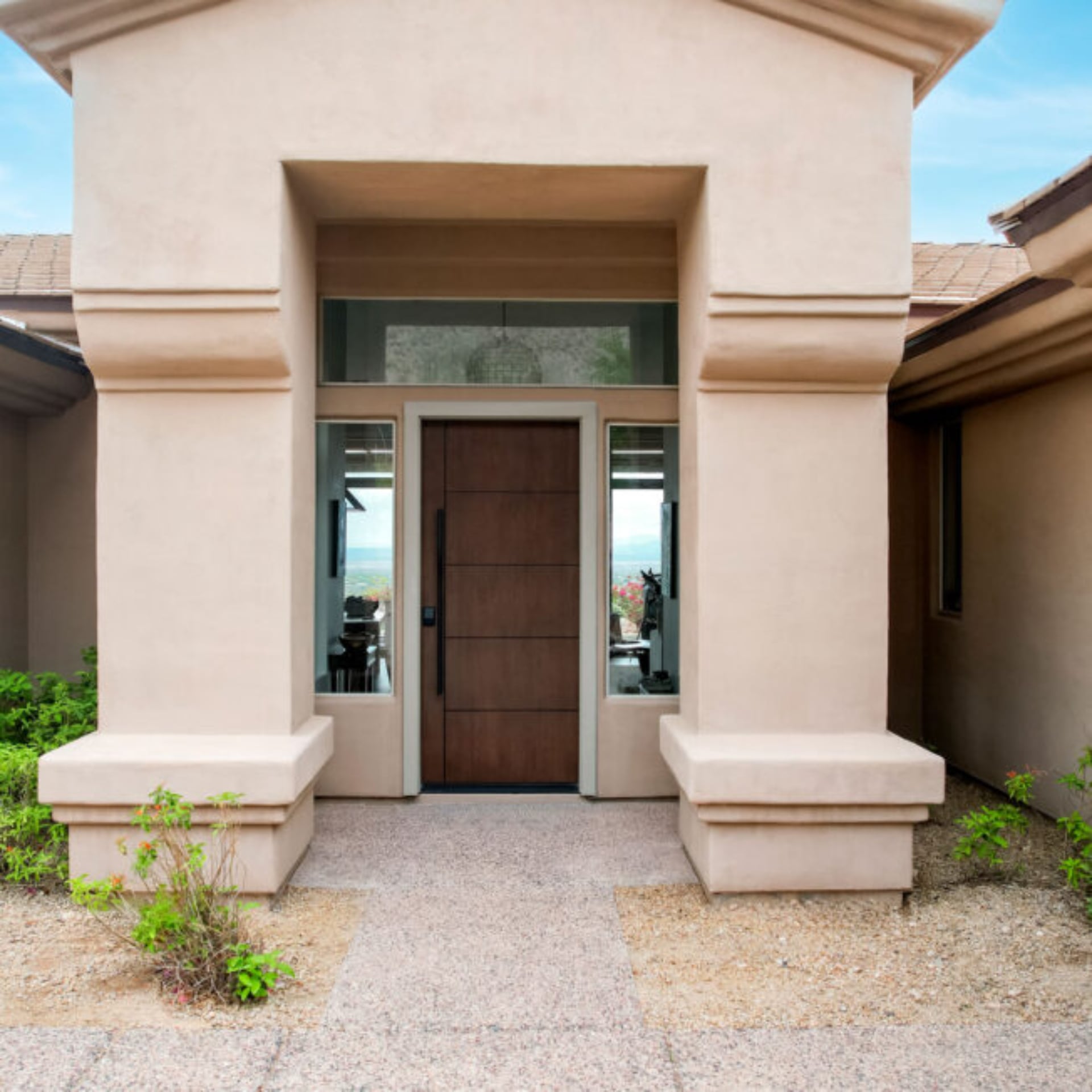 11 Mid-Century Modern Front Door Styles to Consider for Your Home 6 8 Foot 42 Inch Wide Inscribed Signet Cherry INS5 Nutmeg Black Square Pull Bar 652x652 1