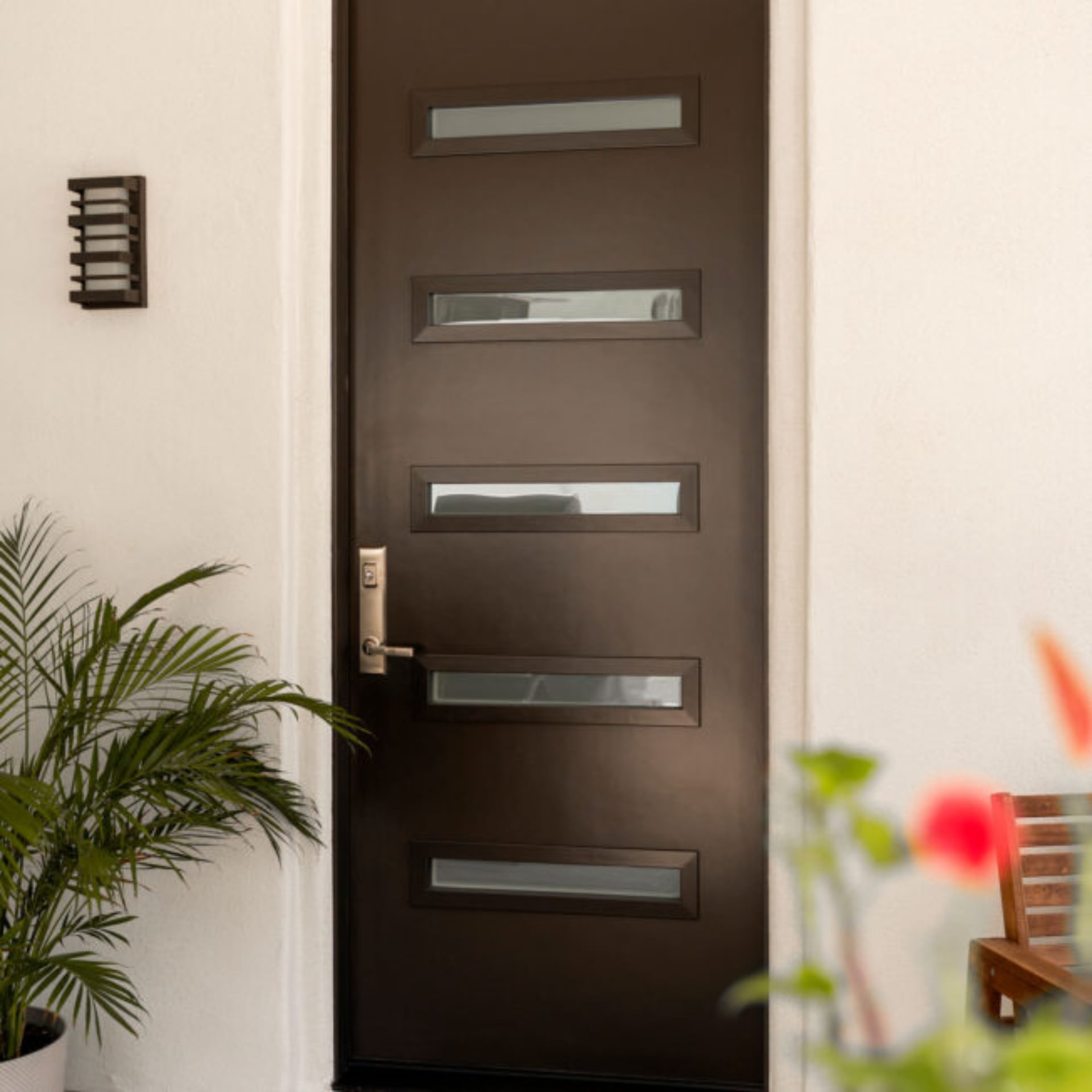 11 Mid-Century Modern Front Door Styles to Consider for Your Home 11 8 foot Signet Smooth 115 Style Rustic Bronze Frosted Privacy Glass 3 652x652 1