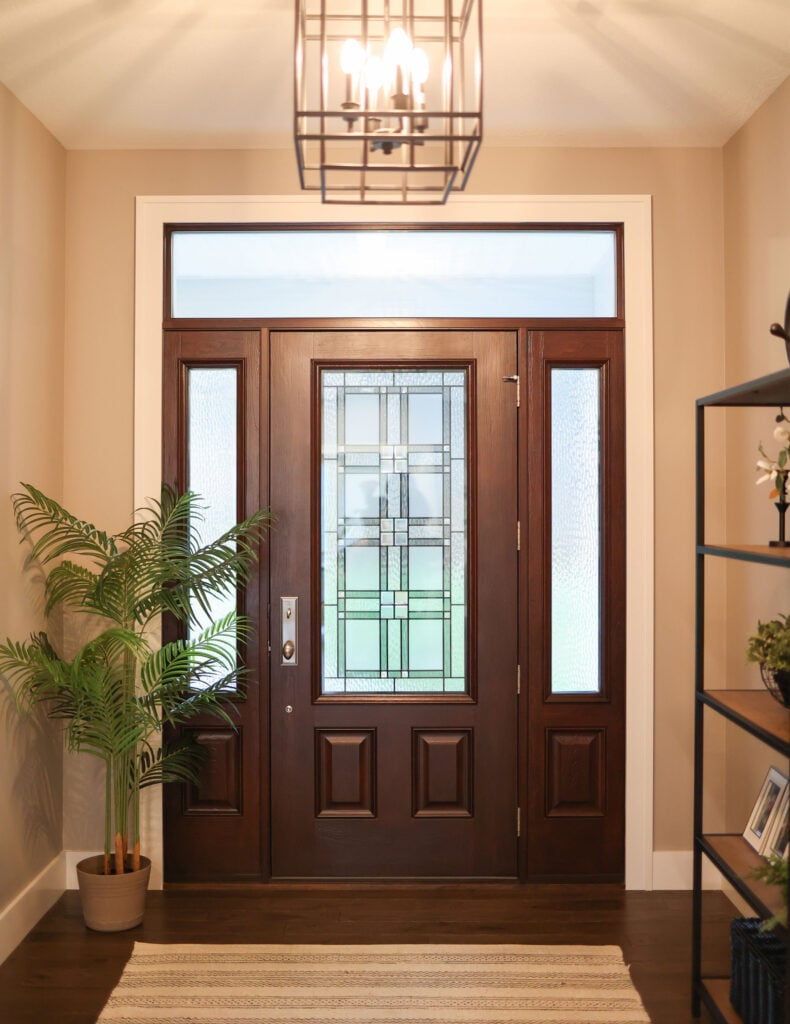 A Complete Guide to the Best Exterior Doors for Cold Weather 2 Embarq Cherry 440 2P Hazelnut Laurence Decorative Glass 2 Sidelites Transom 2