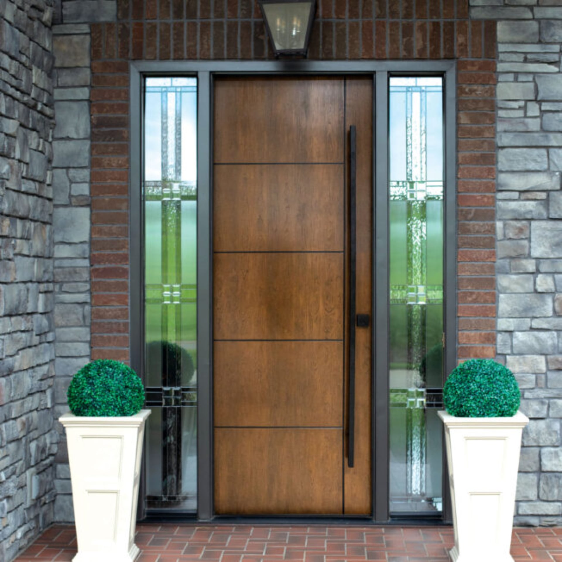 11 Mid-Century Modern Front Door Styles to Consider for Your Home 7 Signet 8 Foot Cherry 001 INS5 Natural Bark stain Square Long Pull Handle 652x652 1