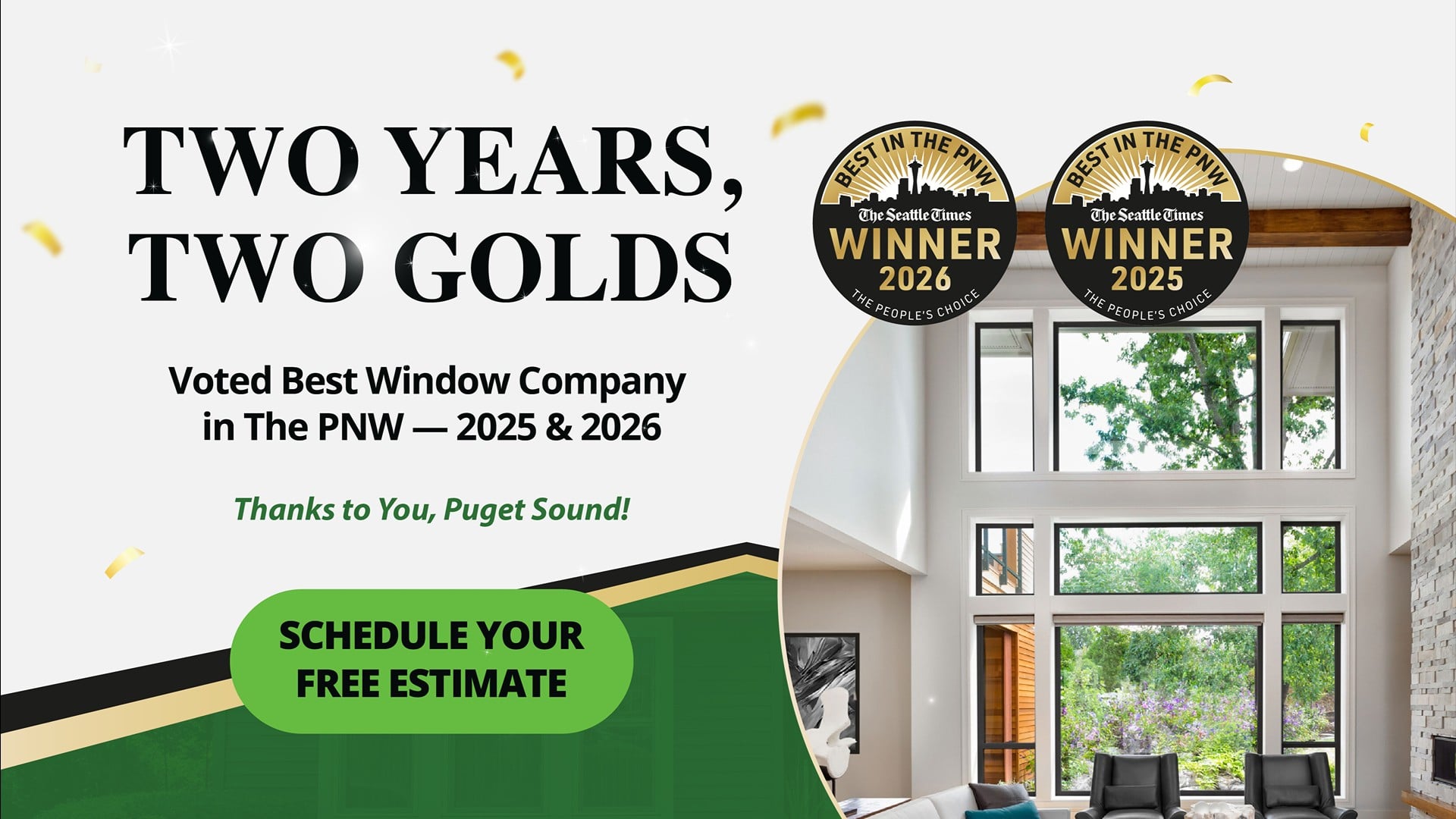 Voted Best Window Company in the PNW 2026 - Seattle Times Gold Award - Lake Washington Windows and Doors