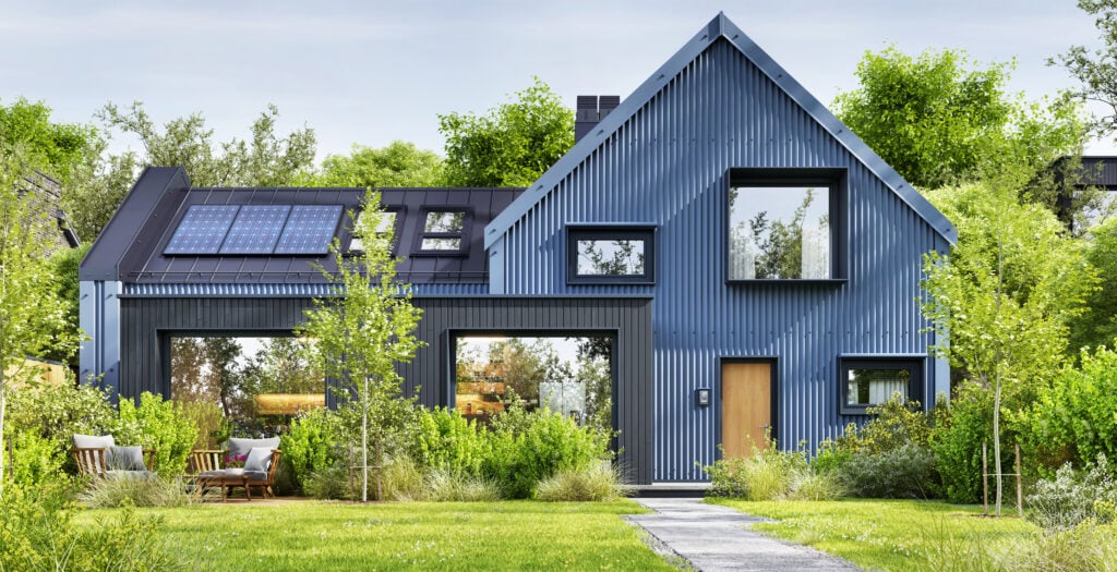 blue home exterior with black windows